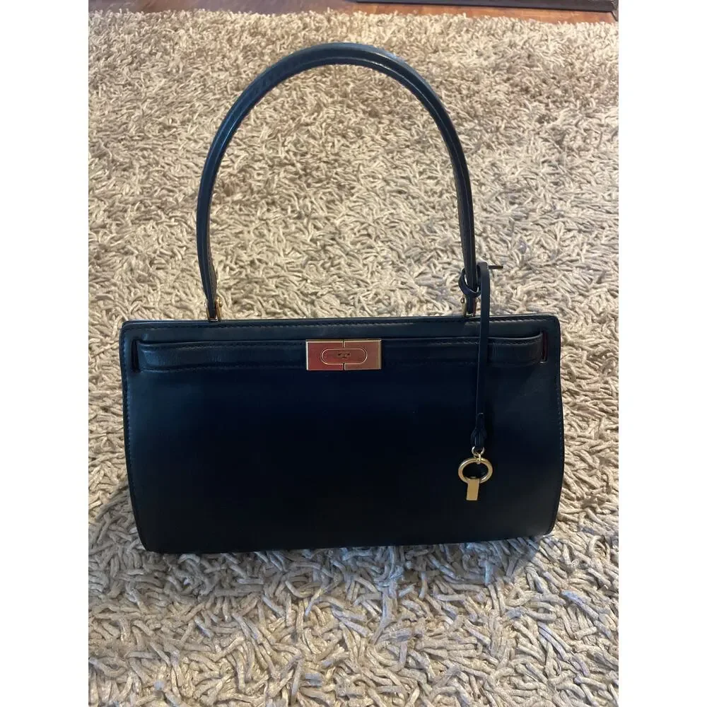 TORY BURCH Lee Radziwill Purse Lock and Key Hardware Black Leather Satchel Bag